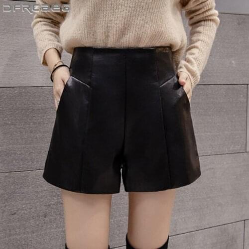 Black Autumn Winter Leather Wide Leg Shorts Woman 2021 High Waist Loose PU Boots Wear Short Pants Wear Female