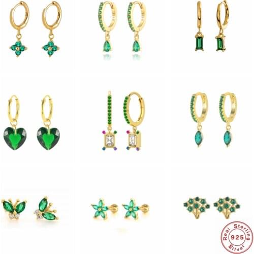 100% Real S925 Sterling Silver Stud Earring Green Zircon Earring For Woman Girls Pendientes Oorbellen Bling Crystal Fine Jewerly