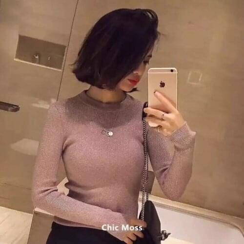 2019 Womens Sweater Shiny Lurex Autumn Winter Sweater Women Long Sleeve Pullover Women Tops Basic Christmas Sweater Pull femme