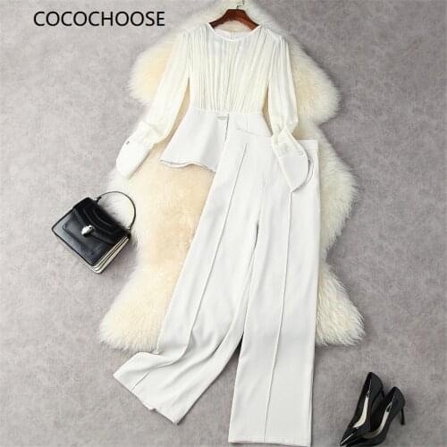 2021 Autumn Elegant Women Office 2 Piece Outfits Long Trousers Suit Long Sleeve Chiffon Patchwork Top Blouses + Black Pants sets