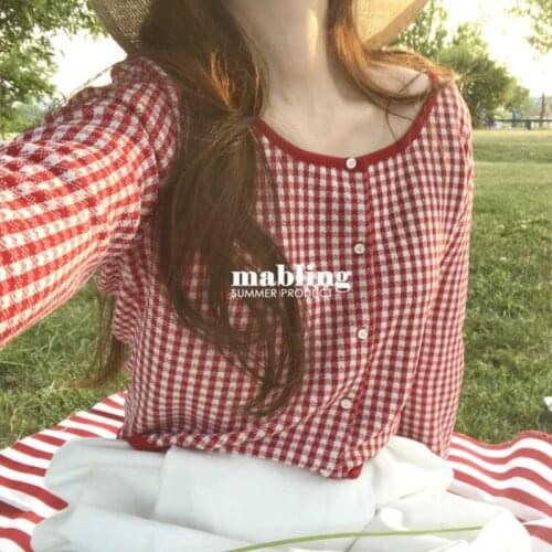 Red Mini Plaid Thin Sweater Women Single Breasted Knitted Short Cardigan Casual Spring Long Sleeve Round Collar