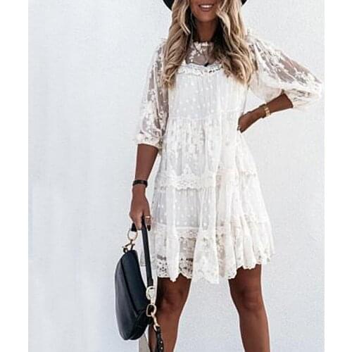 Women lace-up o-neck 3/4 sleeve mini shift dress Summer beach vocation sundress vestidos 2021 Women fashion white chic dresses