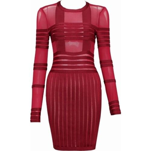 Fashion Olive Wine Red Full Sleeves O Neck Above Knee Celebrity Women 2018 Party Sexy Mesh Dress Bandage See Through Vestidos