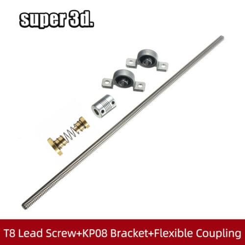 1 Set 3D Printer T8 Lead Screw lead 8mm length150—500mm +Anti-backlash Nut+KP08 kp08 pillow block bearing+5 to 8mm Coupling