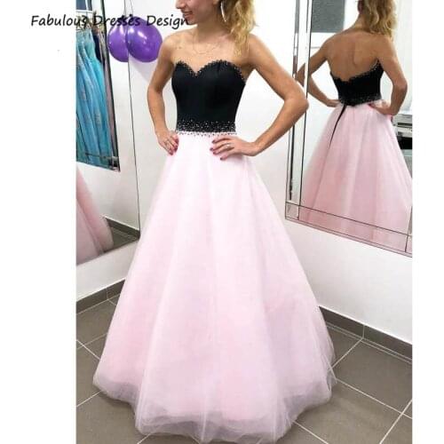 2021 Strapless A Line Prom Dresses Long Sweetheart Backless Beaded Tulle Evening Dress Party Black And Pink Robe De Soirée