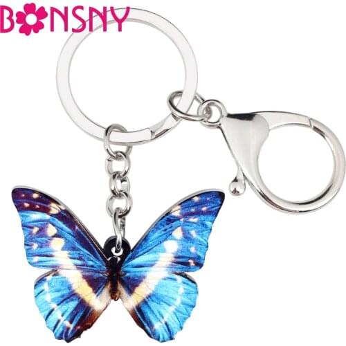 Bonsny Acrylic Morpho Cypris Butterfly Key Chain Keychains Rings Fashion Insect Jewelry For Women Girls Bag Car Pendant Gift Hot