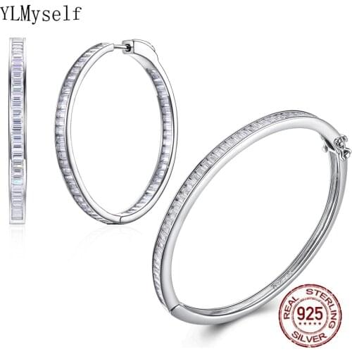Solid 925 Sterling Silver Bangle+ Hoop Earrings Set Rectangle Cubiz Zirconia Engagement Wedding Bridal Anniversary Jewelry sets