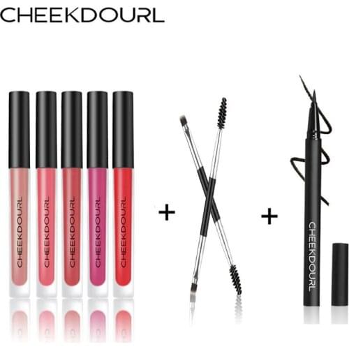 CHEEKDOURL Matte Moisturizing Lip glaze +Waterproof Lasting Quick-Drying Eye Liner+Mini Double Head Brow Brush / Make-up Kit