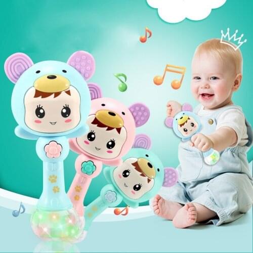 Music Flash Baby Rattle Baby Hand Bell 3 Color Cute Rabbit Hand Bell Rattle Newborn Early Education Toys