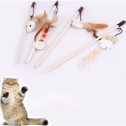 Pet cat products natural wood cotton linen cloth art cat toy mouse head little fish bell tease cat stick stick cat stick