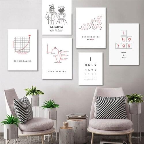 Canvas Painting Lovers Wedding Customized Date Name DIY Anniversary Posters Cartoon Sweet Black and White Print Home Decor Print