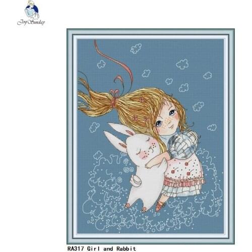Girl and Rabbit Paintings Cross Stitch Printed Canvas DIY Hand Made Embroidery Sets for Needlework DMC Cotton Thread Crafts