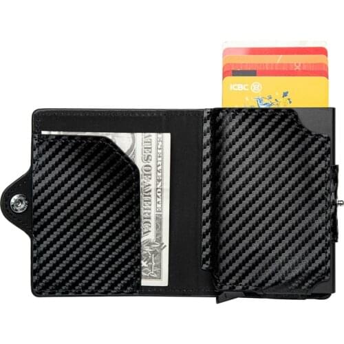 Pop Up Credit Card Wallet Zipper Coin Purse Carbon Fiber Men Leather Wallet with RFID Aluminum Case