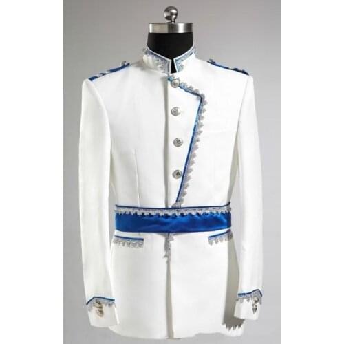 Handsome Groomsmen Mandarin Lapel Groom Tuxedos Mens Wedding Dress Man Jacket Blazer Prom Dinner (Jacket+Pants+Tie) A02