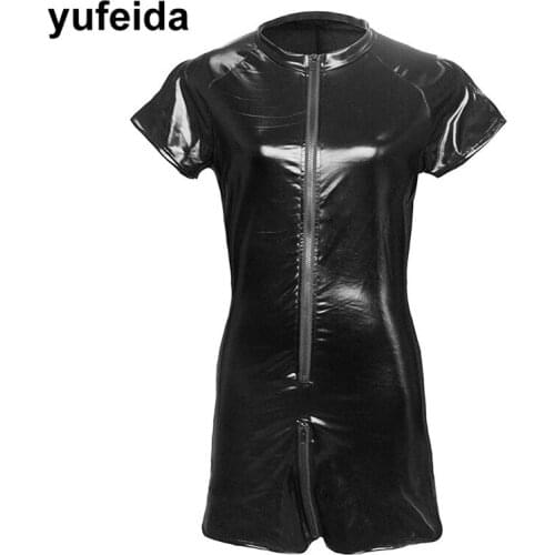 Mens Jumpsuit Sexy Mesh Short Sleeve PU Leather Bodysuit Wrestling Singlets Open Crotch Zipper Gay One-piece Sexy Men Clothes