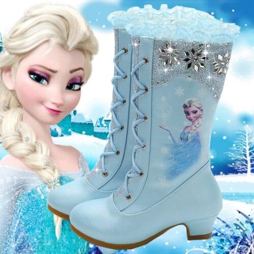 Disney girls boots autumn new high-tube all-match plus velvet elsa childrens high-heeled princess boots frozen