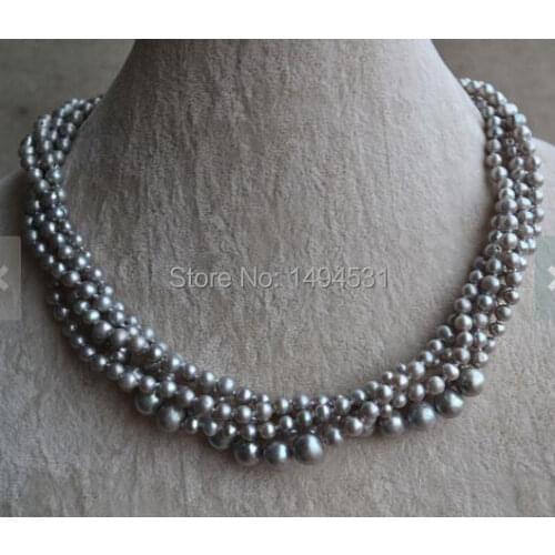 Wholesale Pearl Jewelry - 17 Inches 4 Rows 4.5-8mm Gray Color Genuine Freshwater Pearl Necklace,Handmade Jewelry