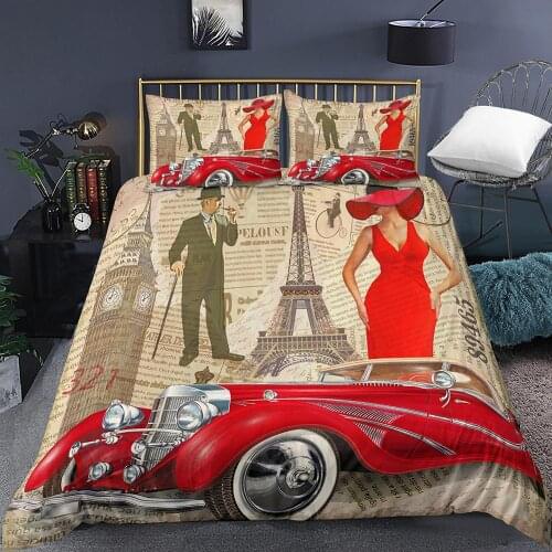 Retro Poster Paris Eiffel Tower Newspaper Background Bedding Car Duvet Cover Beauty Women Comforter Cover Pillowcases for Adult