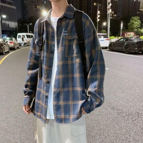 Plaid shirt male long-sleeved youth Korean version shirt autumn Hong Kong wind loose jacket INS trend overalls