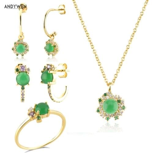 ANDYWEN 925 Sterling Silver Gold Lofoten Island Green Rainbow Hoops Earring Piercing Drop Pendiente Luxury Necklace Jewelry Set