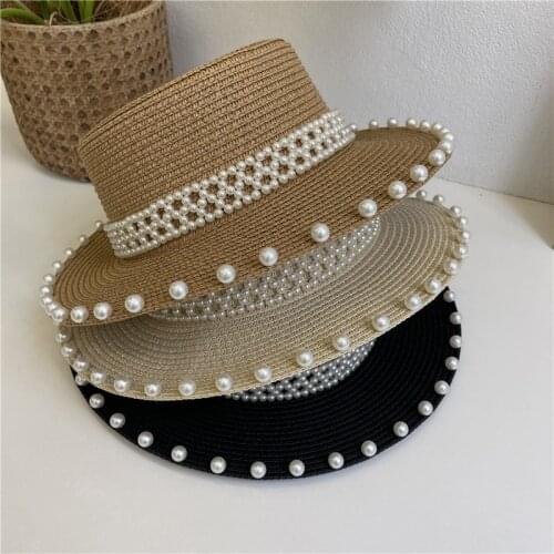 Elegant Womens Summer Hat Pearl Decoration Sun Protection Cap Female Flat Top Big Wide Brim Hat Straw Hat Beach Hat Sun Hats