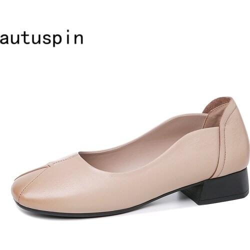 Autuspin Pumps Women Shoes Genuine Leather Square Toe Retro Thick Heels 2021 Autumn New Solid Color Office Ladies Casual Shoes