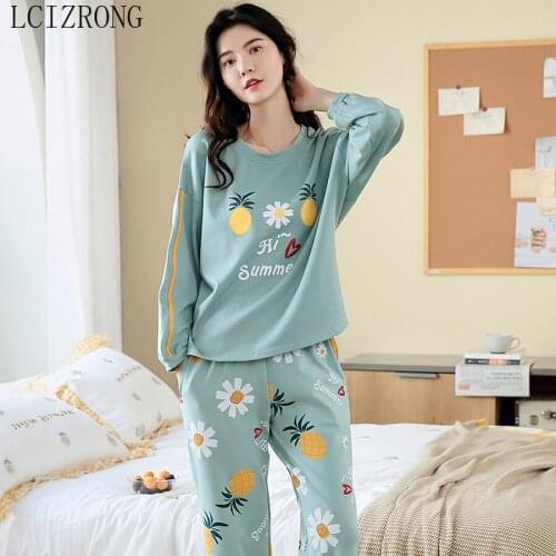 Spring Cotton Pineapple Printed Women Pajama Set Girl Two-piece Set Cute Simple Nightwear Long Sleeve Home Female Sleepwear