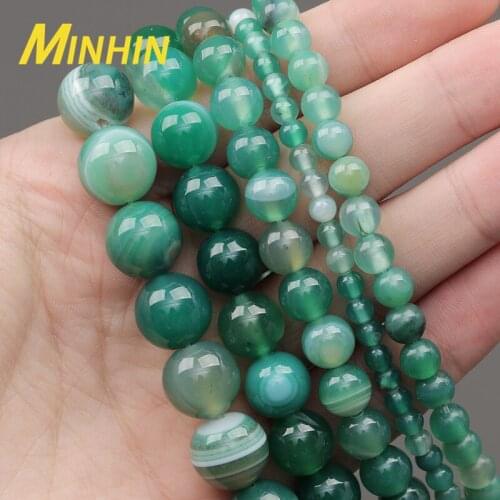 MINHIN Natural Stripe Agates Beads Green Onyx Stone Beads For Jewelry Making 4/6/8/10/12MM DIY Bracelet Accessories
