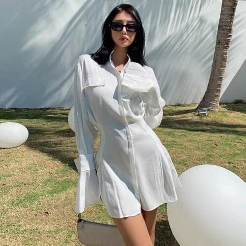Womens Dresses New Arrival 2021 Ruched Long Sleeve Cotton Elegant White Shirt Dress 2000s Vintage Mini Y2k House Of Sunny Dress
