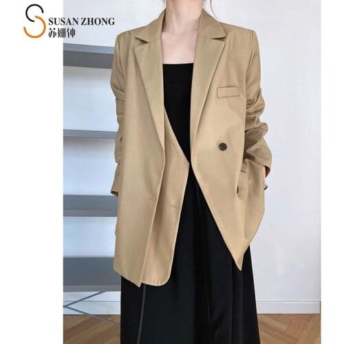 Women Coat Female Blazer Suit 2021 Spring Elegant Minimalist Loose Straight Notched Collar Double Placket Patchwork Pocket Midi