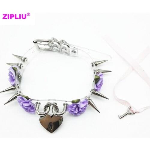 Fashion Harajuku Rivet handmade Choker belt Transparent sweet heart Lock Flower collar punk Necklaces Torque Free shipping
