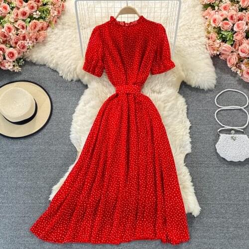 Summer new red chiffon Dress Round neck temperament gentle self-cultivation woman dress Short sleeve tie dresses for women 2021