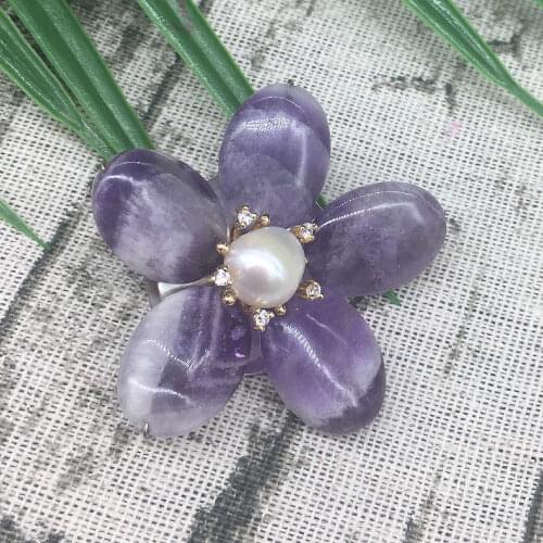 Natural Amethyst White Real Pearl Gold Stamen Flower Design Brooch Pin