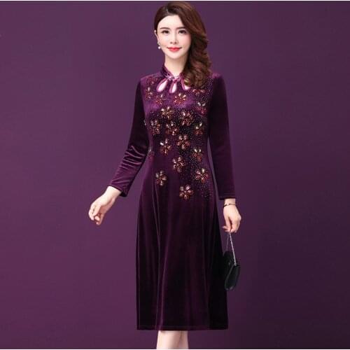 2019 Autumn Vintage Chinese Women Diamonds Long Sleeve Purple Velvet Dress , Womens Spring Fall Slim 4xl 5xl Velour Dresses