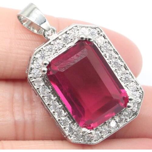 35x13mm Delicate Fine Cut 18x13mm Rectangle Created Pink Tourmaline CZ For Girls Silver Pendant
