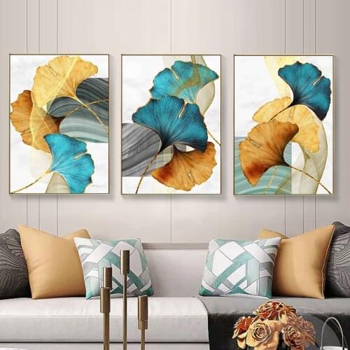 Blue Green Yellow Gold Plant Leaf Abstract Poster Nordic Canvas Print Wall Art Painting Modern Pictures For Living Room Decor