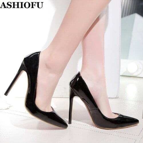 ASHIOFU Handmade New Ladies High Heels Pumps Patent Leather Slip-on Party Prom Shoes Daily Wear Fashion Evening Fashion Shoes