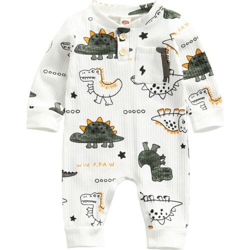 0-18M Babies Casual Romper Dinosaur Printed Pattern Round Collar Long Sleeve Jumpsuit