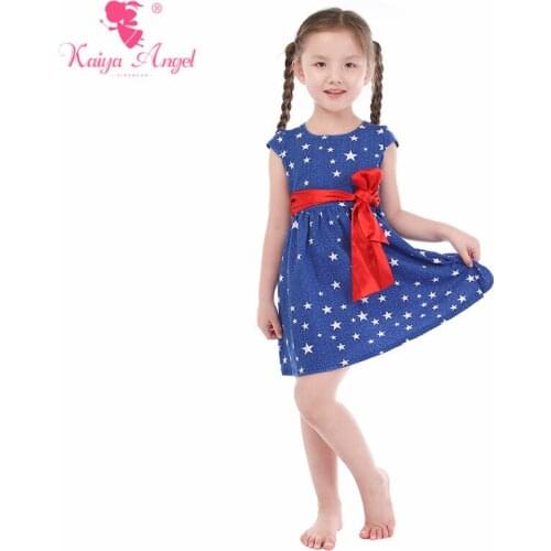 Kaiya Angel Kids Floral Dress Blue Bottom White Star Printing With Red Belt Girls Wedding Party Dresses 2018 New Summer Clothes