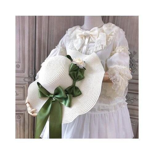 French Vinatge Sweet Lolita Straw Hat Elegant Princess Tea Party Beach Cap Mori Girl Big Bow Flower Sun hat Headdress Handmade