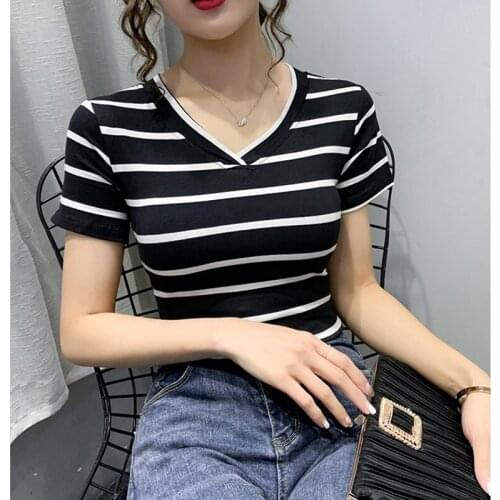 GGRIGHT Spring Summer Women Striped T-shirt 2020 Basic Casual V-neck Cotton Female Tshirt Short Sleeve Tops Women Korean Clothes