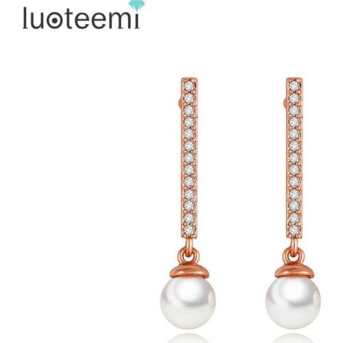 LUOTEEMI 2016 Elegant Female Created Pearl CZ Rhinestone Micro Paved Line Stud Earrings Women Luxury Rose Gold-Color Jewelry