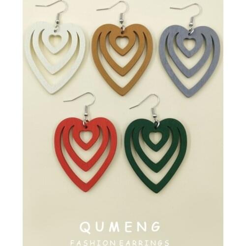 Fashion retro hollow fresh ornaments heart-shaped handmade wood long geometric Bohemian drop earrings womens jewelry