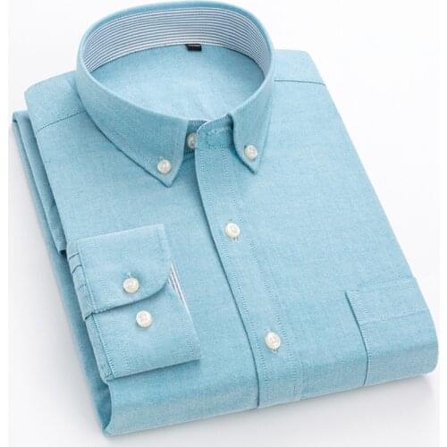 Cotton Oxford Mens Dress Shirt Long Sleeve Slim Fit Button Down Male Business Formal Shirts with Chest Pocket Casual Clothing