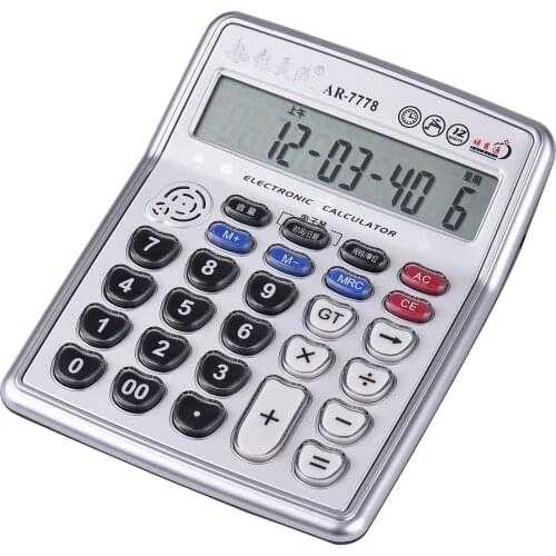 Musical Desktop Calculator 12-Digits LCD Display Electronic Calculator Counter Big Buttons Time Date Show Alarm Clock Function