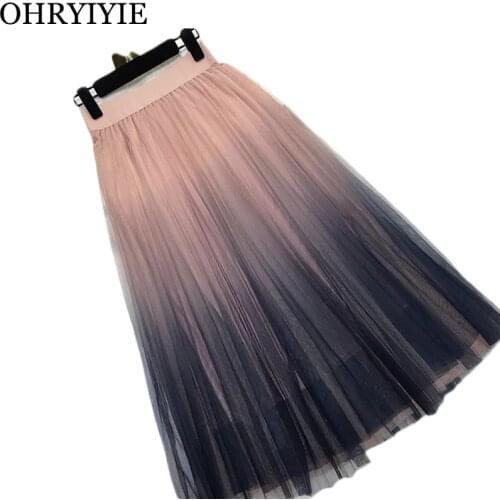 OHRYIYIE Women Gradient Color Tulle Skirt Women 2020 Summer Casual Patchwork Pleated Skirts Female Elegant High Waist Long Skirt