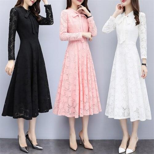 Autumn Dress Women Long Sleeve Lace Dress Big Size S-3XL Add Velvet Dress Elegant Lady Long Bow Tie Party Dressess Vestidos 1039