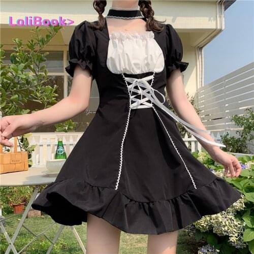 Lolibook Summer Lolita Kawaii Black Dress Women Gothic Japanese Harajuku Party Dress High Street Bubble Sleeve Bandage Dress