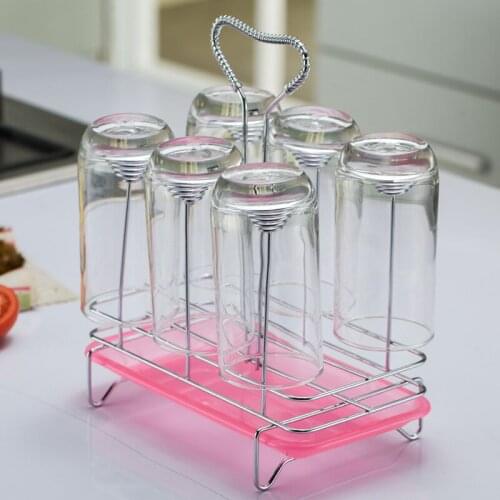 Standing Holder 6 Cups Shelf Iron Air-dry Drainer Rack Table Cup Holder+Plastic Tray Kitchen Wine Cup Rack For Kitchen Storage