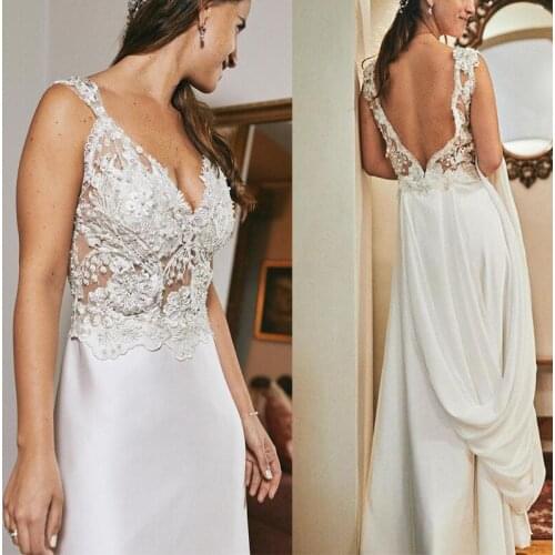 Simple Style 2021 A Line Wedding Dresses V Neck Pearls Beading Lace Appliques Country Bridal Gowns Sexy back